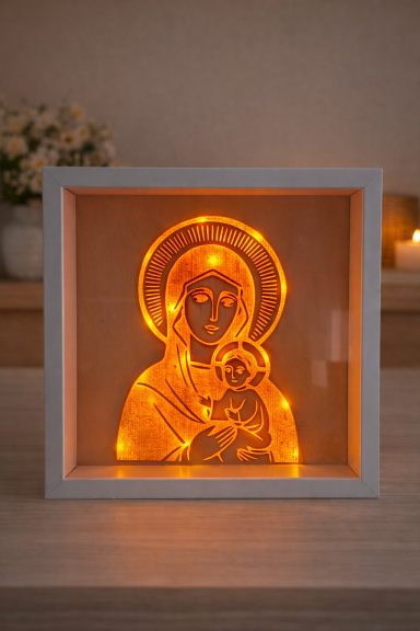 Beleuchtetes Holz Bild mit religiösem Motiv – Maria mit Kind