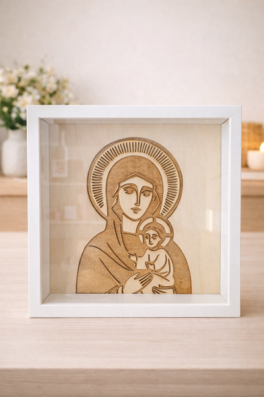 Beleuchtetes Holzbild mit religiösem Motiv – Maria mit Kind