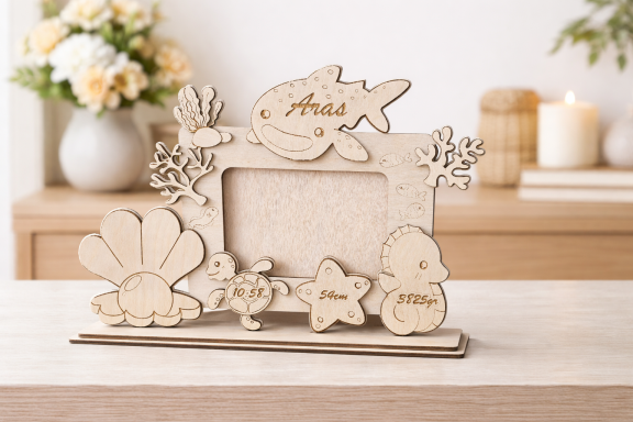 Individueller Baby-Bilderrahmen aus Holz mit Geburtsdaten